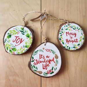 Set of 3 Wood Slab Painted Christmas Ornaments Joy Merry Bright Philippines NEW
